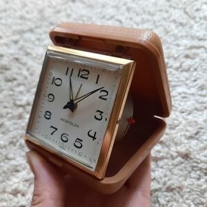 Vintage Westclox Portable Wind-up Travel Alarm Clock tan hard plastic case